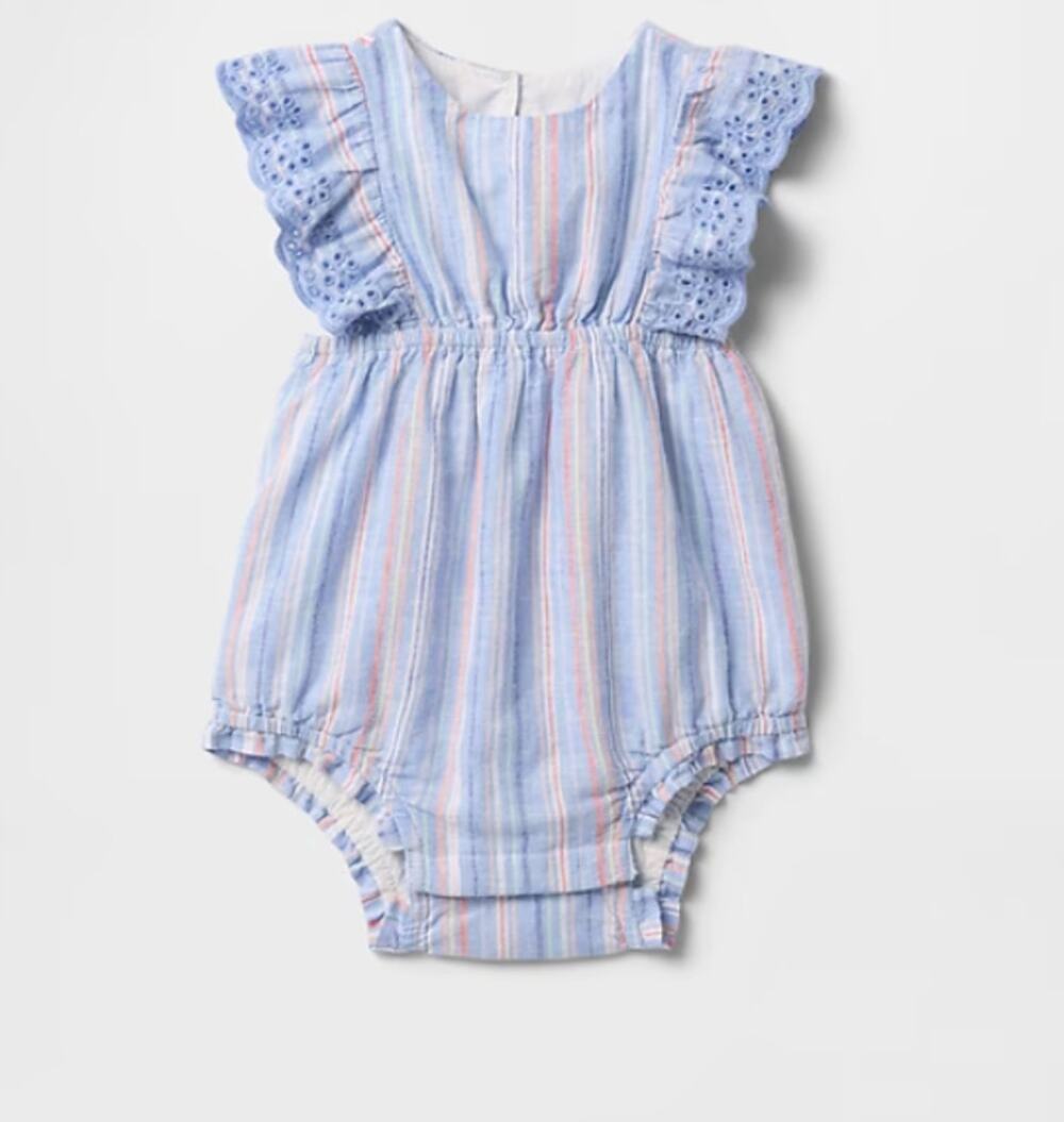 Gap Baby Girl Linen Bubble Shorty Romper 18-24 Months Blue Pink Stripe Eyelet